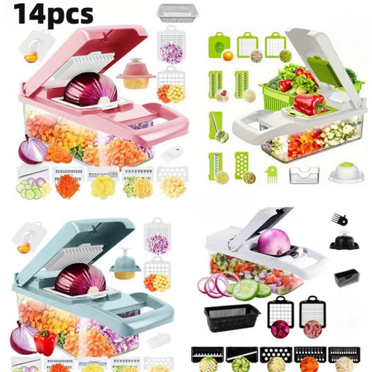 14pcs Set,Vegetable Chopper, Multifunctional Fruit Slicer, Manual Food Grater, Vegetable Slicer, Cutter With Container