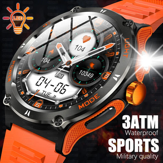 2024 New 1.53-inch outdoor Men Smart Watch 3ATM Waterproof 500Mah B attery LED Strong Flashlight Bluetooth Call Smartwatch + Box